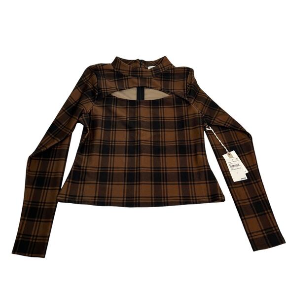 Good American Size 5 US 2XL Peplum Front Cut Out Top Tan Brown Plaid Stretch NWT - Picture 10 of 12